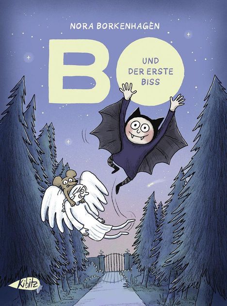 Text: "Nora Borkenhagen, Bo und der erste Biss." Ein fröhlicher Vampir fliegt mit einem Engel durch einen nächtlichen Wald.