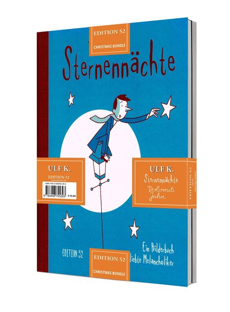 Text: "Sternennächte", "ULF K.", "Ein Bilderbuch für liebte Melancholiker", "EDITION 52", "Christmas Bundle". Illustration: Person auf Einrad.