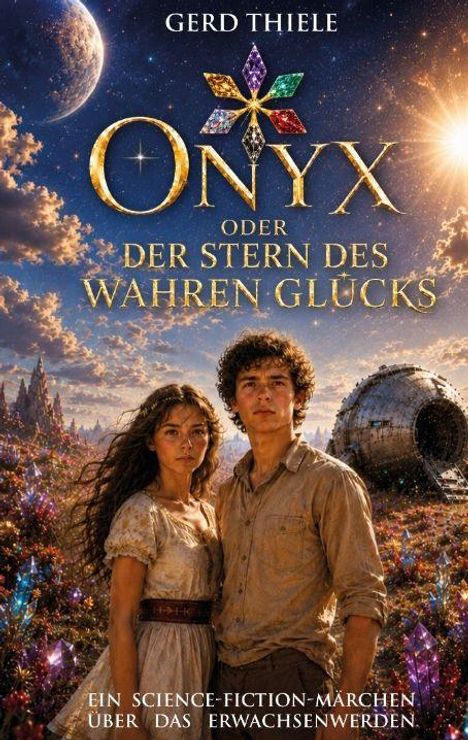 „GERD THIELE ONYX ODER DER STERN DES WAHREN GLÜCKS“ – zwei Personen vor einer fantastischen Landschaft mit Raumschiff.