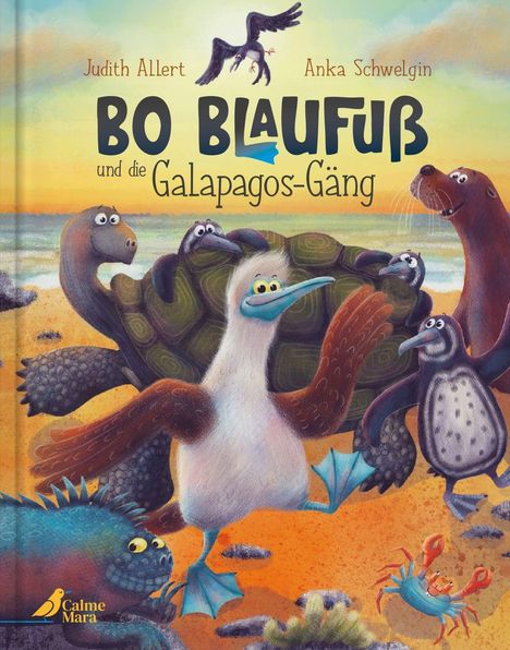 „Bo Blaufuß und die Galapagos-Gäng“ von Judith Allert und Anka Schwelgin. Comic-Tiere am Strand, fröhlich und bunt.
