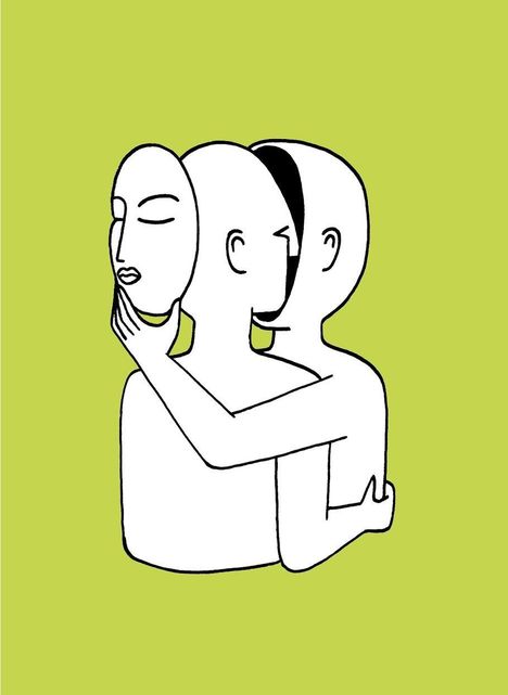 Zwei stilisierte Figuren umarmen sich, eine hält eine abnehmbare Maske, vor einem grünen Hintergrund.