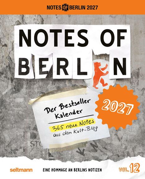 „NOTES OF BERLIN“, „Der Bestseller Kalender“, „2027“, „365 neue Notes“, Bär-Logo, graue Wand, orange Akzente.