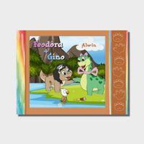 Die Namen "Teodora & Gino" und "Alwin". Illustration: Kinder, Dinosaurier und Hund an einem Fluss, mit Wald und Berg.