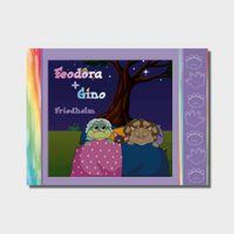 "Feodora & Gino, Friedhelm." Illustration: Zwei Kreaturen kuscheln unter einer Decke vor einem Baum bei Nacht.