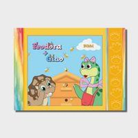 Der Text lautet "Teodora e Chão" und "2021". Eine Schildkröte und eine Schlange stehen vor einem Bienenhaus. Bunte Rahmen.