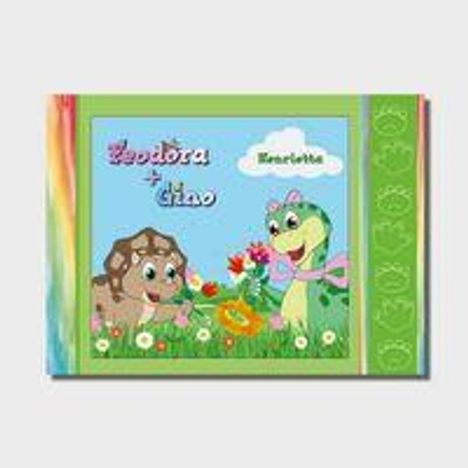 Text: "Teodora + Ciao" und "Marietta". Zwei fröhliche Tiere, Schildkröte und Krokodil, in einer blühenden Wiese.