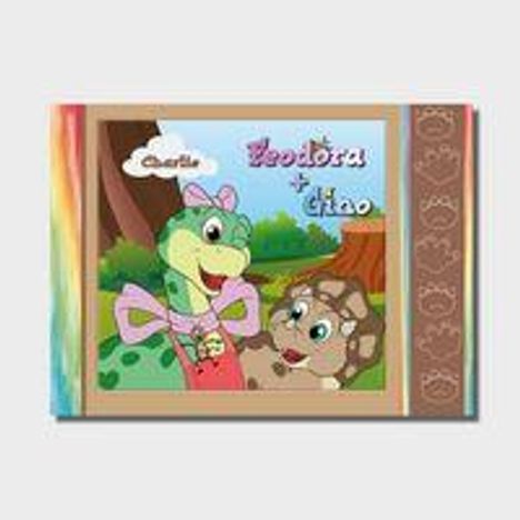Text: "Charlie", "Beadora + Ciao". Illustration von zwei bunten Dinosauriern mit Schleifen im Wald.