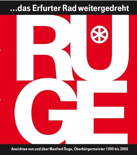 Text: „…das Erfurter Rad weitergedreht“ und „Ansichten von und über Manfred Ruge, Oberbürgermeister 1990 bis 2006“.  
Hintergrund: Großes „RUGE“-Logo in weißen Buchstaben auf rotem Hintergrund, ergänzt um ein kleines Rad-Emblem.