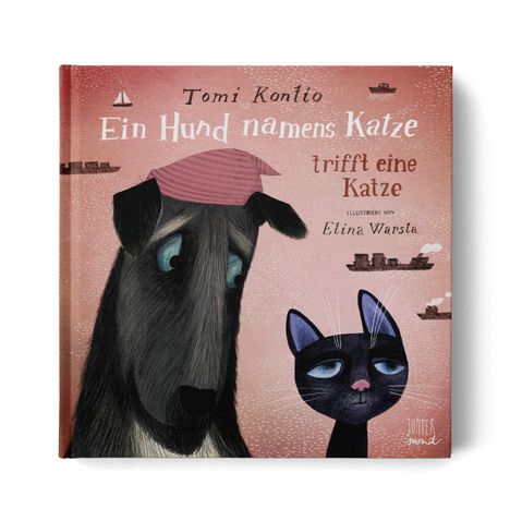 "Ein Hund namens Katze trifft eine Katze" von Tomi Kontio, illustriert von Elina Warsta. Hund und Katze auf rosa Hintergrund.
