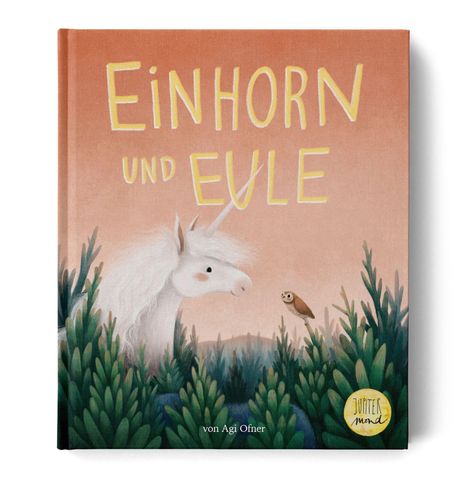 Titel "EINHORN UND EULE". Ein Einhorn und eine Eule in einem Wald, Illustration von Agi Ofner.