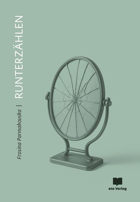 RUNTERZÄHLEN, Frosina Parmakowska, eta Verlag. Zerbrochener Spiegel auf Standfuß vor grünlichem Hintergrund.