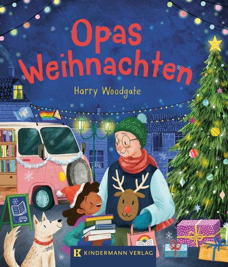 Text: "Opas Weihnachten", "Harry Woodgate", "Kindermann Verlag". Eine winterliche Szene mit Opa, Kind, Hündchen und Geschenken.