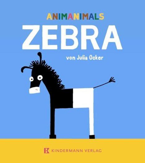 "ANIMANIMALS ZEBRA von Julia Ocker" steht auf einem blauen Hintergrund mit einer stilisierten Zebra-Illustration.