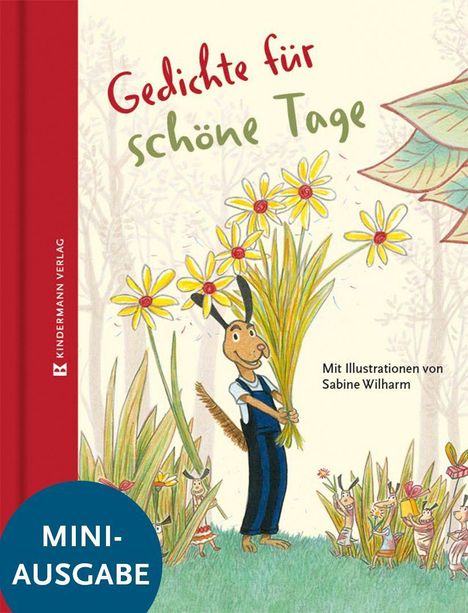 "Gedichte für schöne Tage" in roter und grüner Schrift.  
Ein lächelnder Charakter hält einen großen Blumenstrauß.