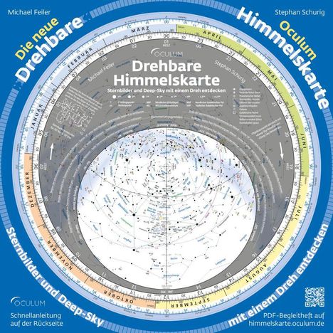 Text: "Drehbare Himmelskarte", "Sternbilder und Deep-Sky entdecken", "Schnellanleitung auf der Rückseite".  
Eine detaillierte Himmelskarte in Blau- und Grautönen mit Sternbildern und Kalendarium.