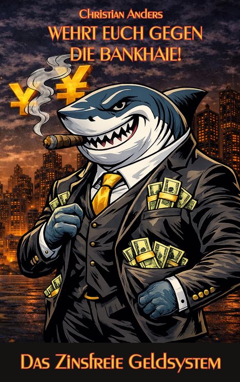 Text: "Christian Anders, WEHRT EUCH GEGEN DIE BANKHAIE! Das Zinsfreie Geldsystem." Illustration: Ein Hai im Anzug mit Geld.
