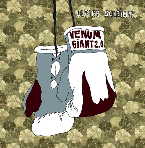 "Ulrike Schrimpf" oben, "VENUM GIANT 2.0" auf einem Boxhandschuh. Illustration mit floralem Hintergrund.
