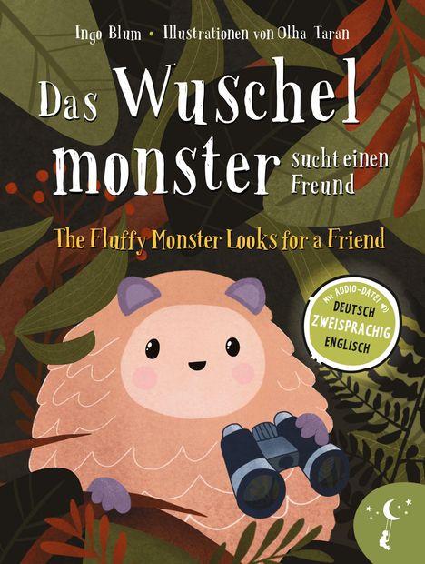"Das Wuselmonster sucht einen Freund" in einem Wald, niedliches Monster mit Fernglas, deutsche-englische zweisprachige Ausgabe.