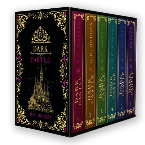 Buchserie "Dark Castle" von D.C. Odesza, sechs Bände, Cover mit einem gezeichneten Schloss und verschnörkelten Mustern.