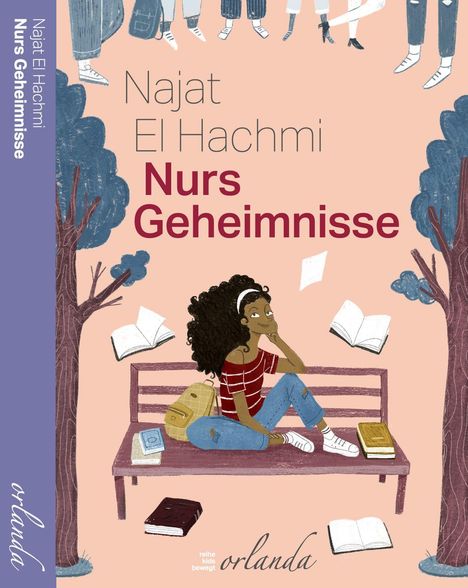 Najat El Hachmi, Nurs Geheimnisse. Illustration: Frau auf einer Bank, Bücher um sie herum.