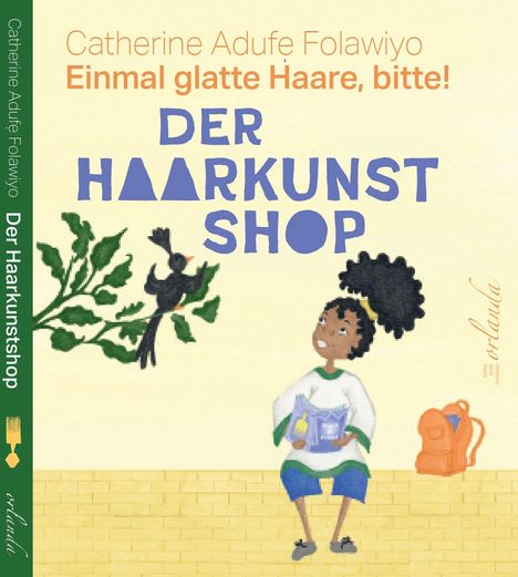 Titel: "Der Haarkunst Shop". Illustration eines Kindes mit lockigem Haar, das auf einer Bank liest. Ein Vogel sitzt auf einem Ast.