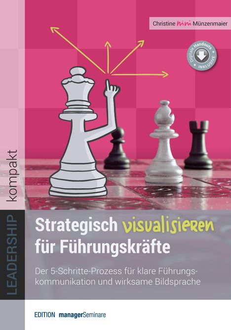 "Strategisch visualisieren für Führungskräfte." Schachfiguren-Illustration mit hervorgehobenen gelben Pfeilen.