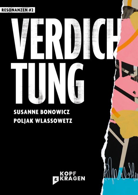 "VERDICHTUNG" in großen weißen Buchstaben auf schwarzem Hintergrund, rechte Seite zeigt bunte collageartige Muster.