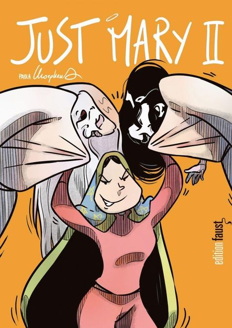 "Just Mary II" - Illustration einer Superheldin mit Umhang, frech lächelnd, hebt zwei Geister in Weiß.