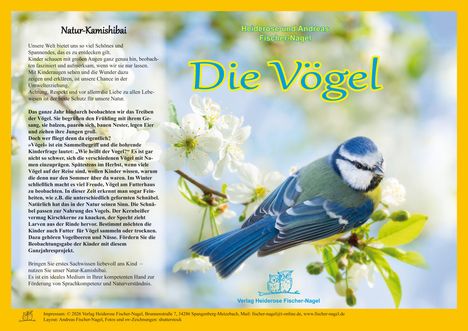 Text: „Natur-Kamishibai“, „Die Vögel“. Illustration: Ein Vogel sitzt auf einem Ast mit weißen Blüten vor verschwommenem Hintergrund.