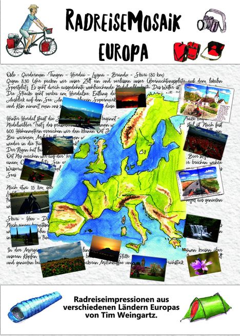 RadreiseMosaik Europa. Radreiseimpressionen aus verschiedenen Ländern Europas von Tim Weingartz. Illustration einer Europa-Karte.