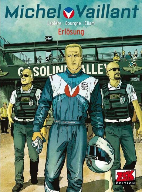Text: „Michel Vaillant“ oben, „Erlösung“ in Rot darunter. Comicstil: Ein Rennfahrer mit Helm, flankiert von zwei Sicherheitskräften.