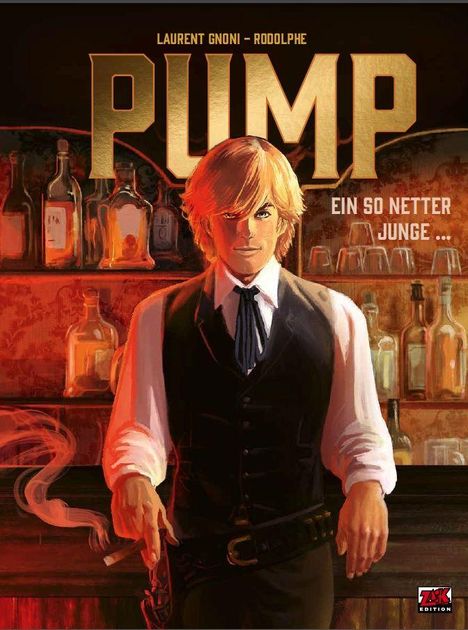"PUMP. Ein so netter Junge." Ein junger Mann in Weste mit revolverartigen Pistolen in einer Bar.