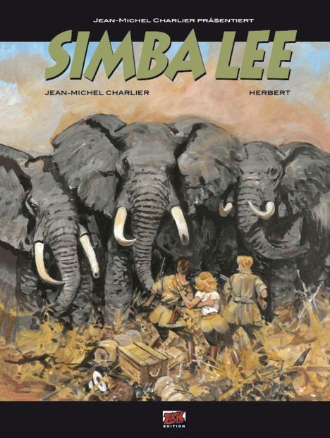 "Jean-Michel Charlier präsentiert Simba Lee. Drei Personen stehen vor einer Gruppe von fünf Elefanten."