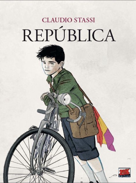 "Claudio Stassi, República." Ein Junge mit Fahrrad und Tasche, bunter Stoff hinten, guckt nachdenklich. Illustration.