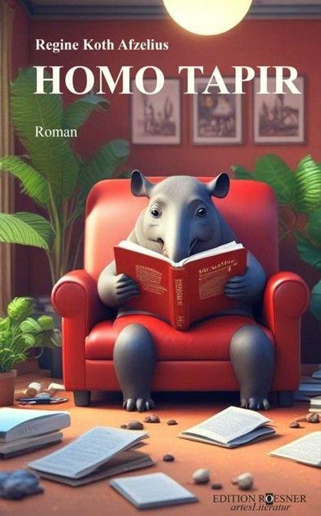 "HOMO TAPIR" von Regine Koth Afzelius. Illustration: Ein Tapir in einem Sessel liest ein Buch. Pflanze im Hintergrund.