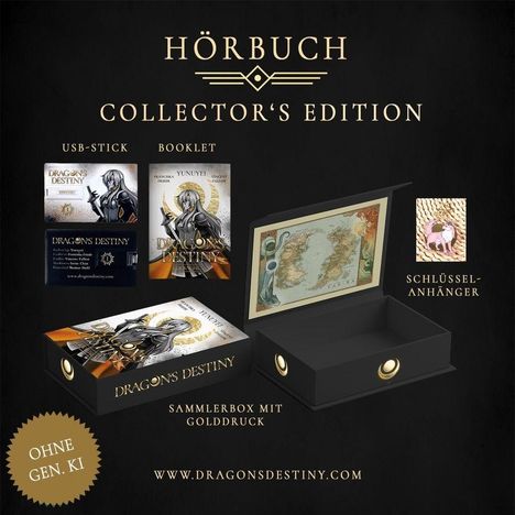 „Hörbuch Collector's Edition“, USB-Stick, Booklet, Schlüsselanhänger, Sammlerbox mit Golddruck, www.dragonsdestiny.com