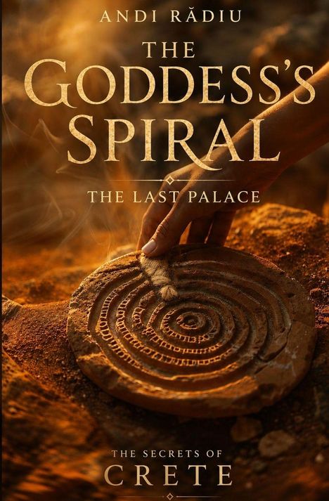 ANDI RĂDIU: THE GODDESS'S SPIRAL - THE LAST PALACE. Unten: THE SECRETS OF CRETE. Eine Hand berührt eine spiralförmige Scheibe.