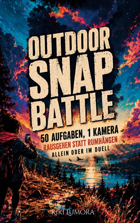 „OUTDOOR SNAP BATTLE: 50 Aufgaben, 1 Kamera. Rausgehen statt rumhängen. Allein oder im Duell.“ Illustration: Person mit Smartphone in einer bunten Landschaft.