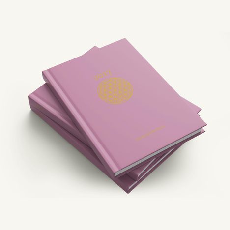 Pinkes Buch mit der Aufschrift "2027", einem goldenen Muster und Text "Flower of Life." Aufeinandergestapelt.