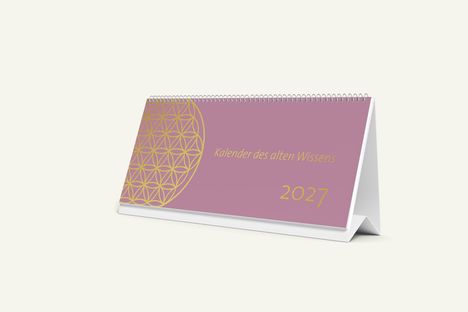 "Kalender des alten Wissens" und "2027" in Gelb auf rosa Hintergrund, mit goldenem geometrischem Muster links.