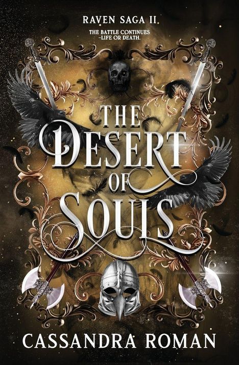"Raven Saga II: The Desert of Souls" - Eine dramatische Illustration mit Raben, Schwertern, einem Totenkopf und Helmen.