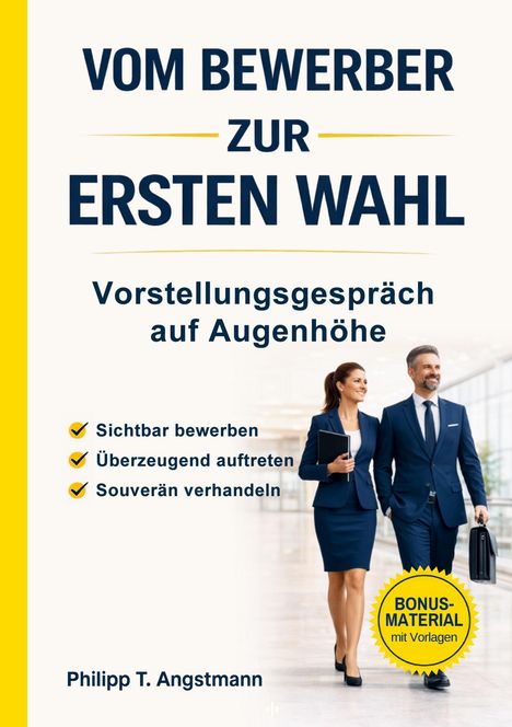 Text über Bewerbungstipps, Autor Philipp T. Angstmann. Mann und Frau in Businesskleidung freuen sich, gehen nebeneinander.