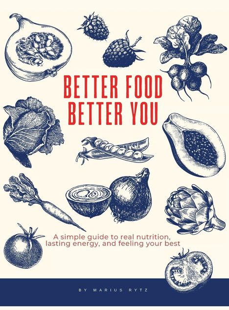 "Better Food Better You" in roter Schrift, Illustration verschiedener Obst- und Gemüsesorten in Blau auf hellem Hintergrund.