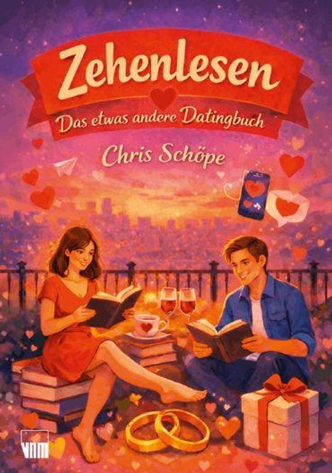 "Zehnenlesen: Das etwas andere Datingbuch" von Chris Schöpe. Illustration eines Paares beim Lesen, umgeben von Herzen.