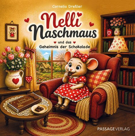„Nelli Naschmaus und das Geheimnis der Schokolade“. Eine entzückende Maus in rotem Kleid isst Schokolade in gemütlicher Stube.