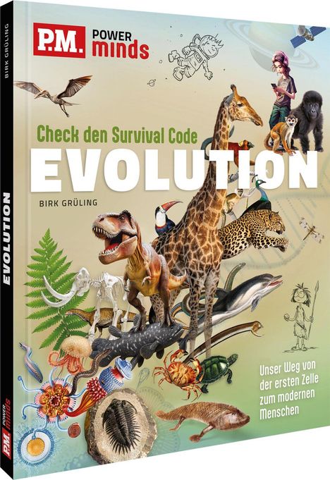 Titel: "Check den Survival Code: EVOLUTION". Verschiedene Tierarten, darunter Dinosaurier, Giraffe, Affe und Vögel.