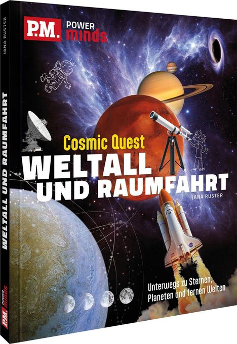 Aufschrift: "Cosmic Quest - Weltall und Raumfahrt". Verschiedene Planeten, ein Teleskop und eine Rakete im Weltraum.