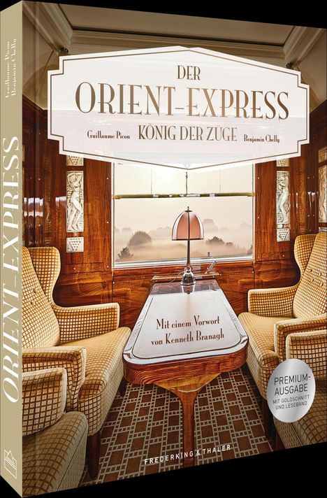 Der Text lautet: "Der Orient-Express: König der Züge." Illustration eines stilvollen Zugabteils mit luxuriösen Sitzen.
