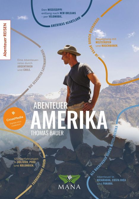 "Abenteuer AMERIKA, Thomas Bauer" und "Abenteuer REISEN" mit einer Berglandschaft und einem Mann mit Hut im Vordergrund.