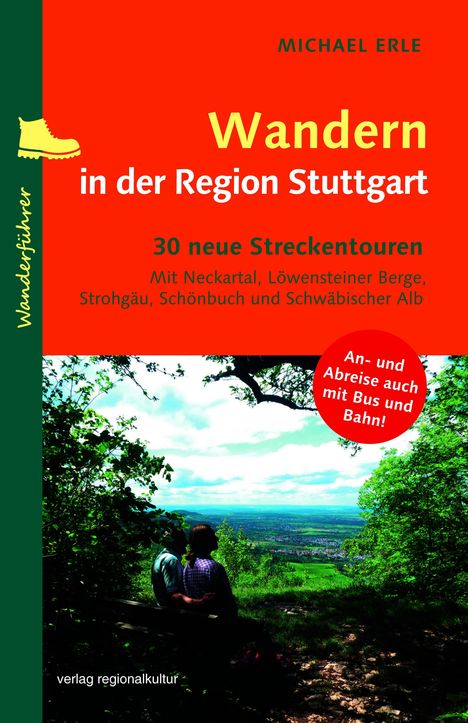 Text: "Wandern in der Region Stuttgart", "30 neue Streckentouren". Zwei Menschen sitzen auf einer Bank mit Aussicht auf Landschaft.
